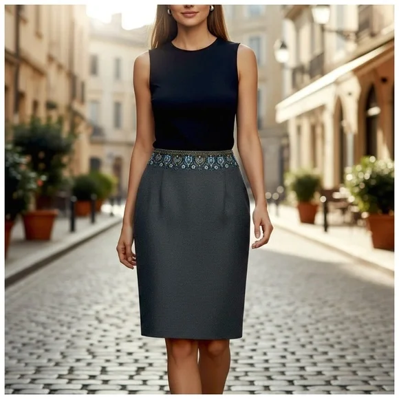 Carlisle Women’s Elegant Wool Gray Skirt w/ Embroidered Waist. Gray. Size 4. - Picture 4 of 11